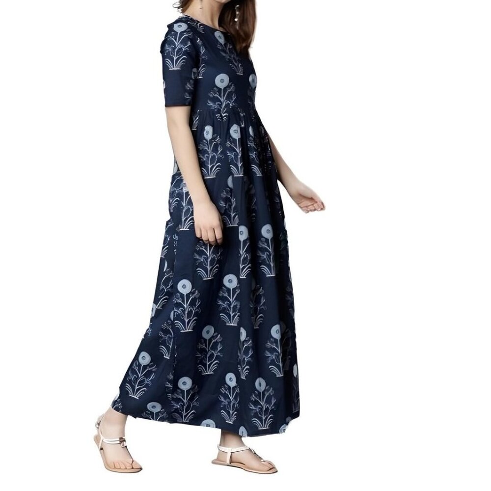Vishudh Women’s Printed Ankle-Length Aline Dress, Blue, Size S
